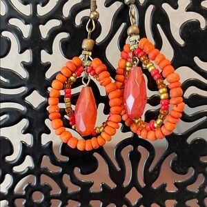 Orange-Gold Beaded Teardrop Earrings-Perfect for Fall Wardrobe-Handmade